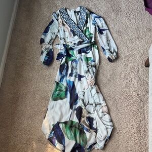 White House Black Market Blue and Green Floral Long Sleeve Dress